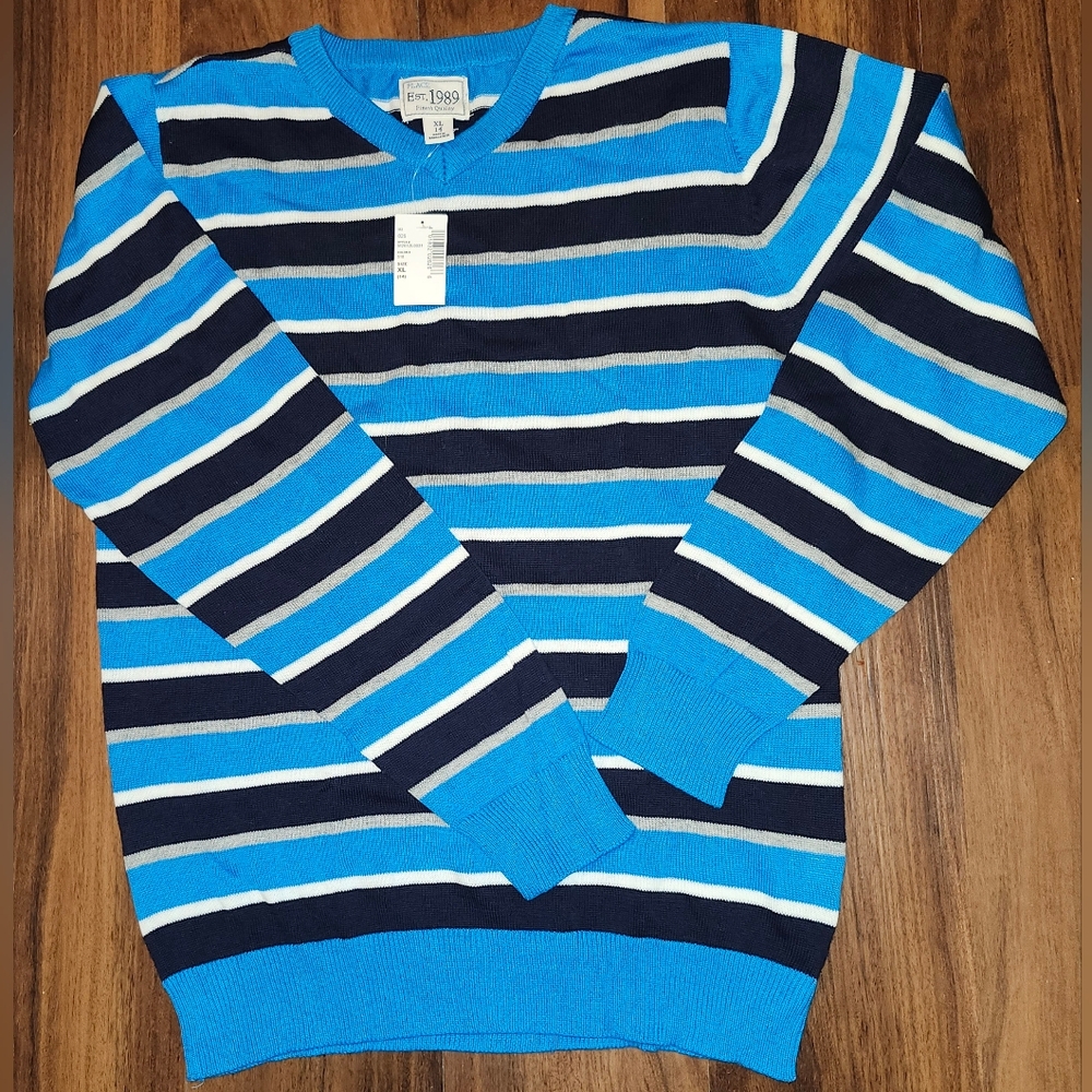 NWT Boys Sz XL (14) Blue, White, Black, and Gray Striped V-Neck Sweater
